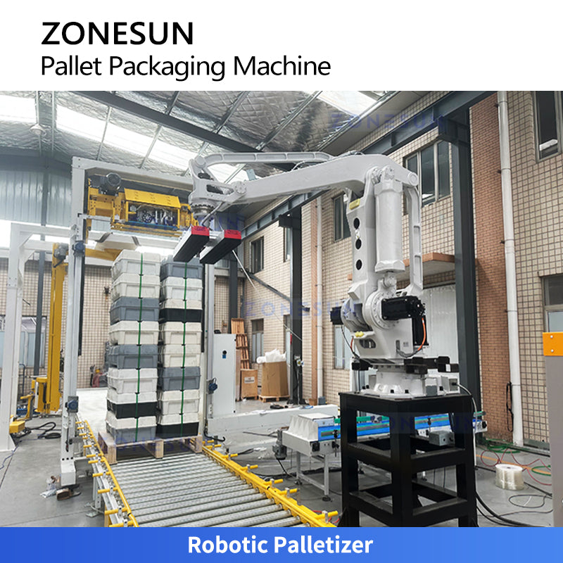 Max Efficiency: ZONESUN ZS-PWM2 Robotic Palletizing, Strapping & Rotary Arm Wrapping Production Line
