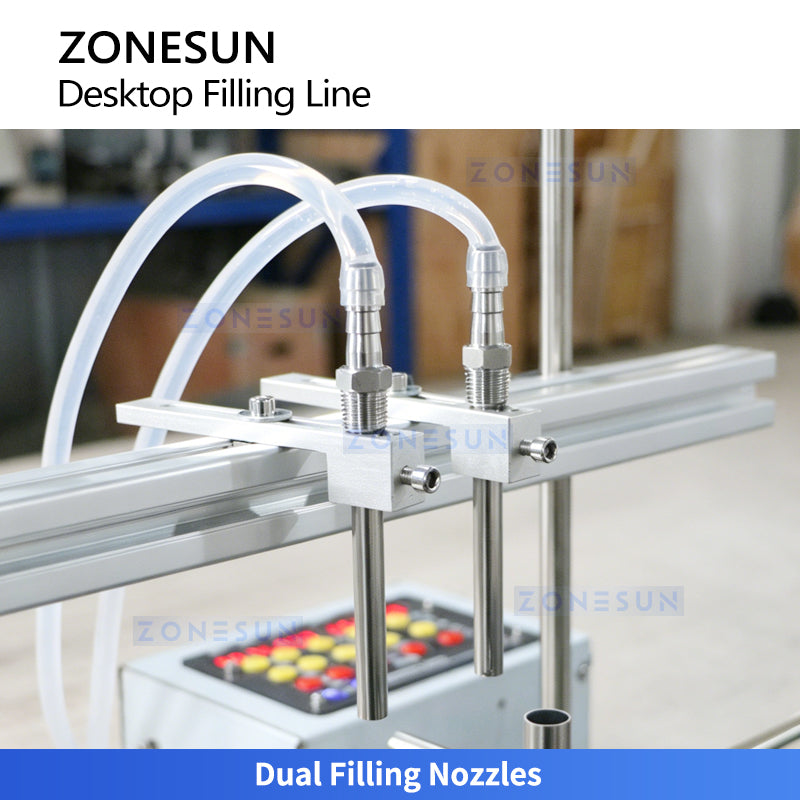 Efficient & Compact: ZONESUN ZS-FAL180DT Desktop Dual-Head Filling Capping Line for Juice &Cosmetics