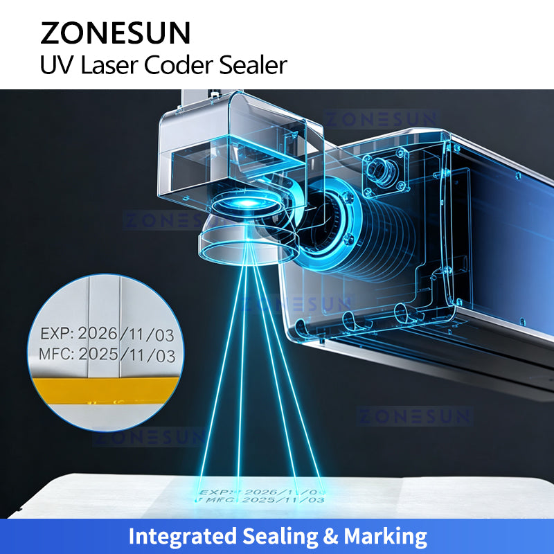 ZONESUN ZS-FR100LC Continuous Band Sealer with UV Laser Coding for Bag Packaging