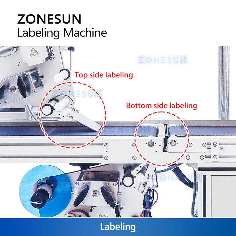 ZONESUN ZS-TB716Z Flat Labeling Machine for Top and Bottom Labeling with Adjustable Heads and Conveyor System for Food Cosmetics Electronics