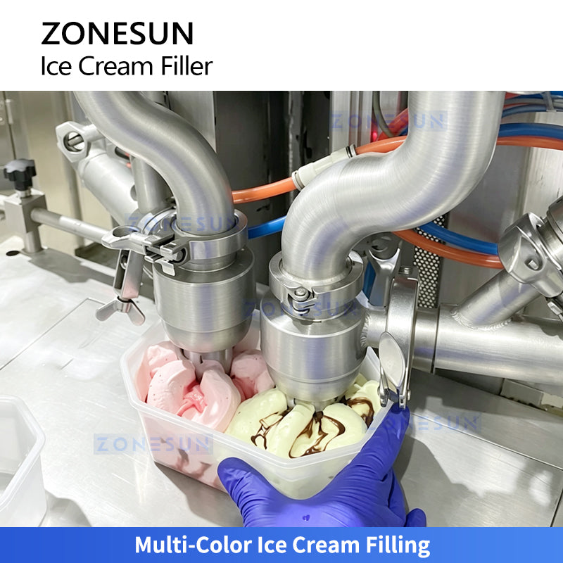 ZONESUN ZS-ICF01 Semi-Automatic Dual-Color Ice Cream Filling Machine into Cups, Cartons, Tubs