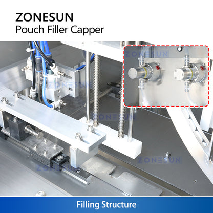 ZONESUN ZS-ASP2 is a fully automatic filling and capping machine for spout pouch packaging