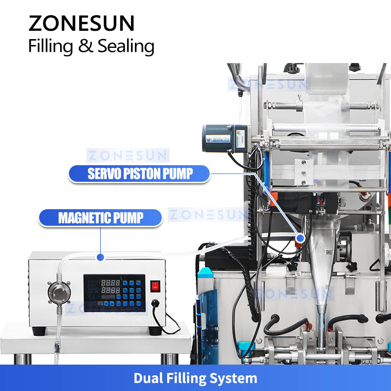 ZONESUN ZS-FS220U Automatic Liquid Paste Sachet Packing Machine Dual Filler 3/4 Side Seal