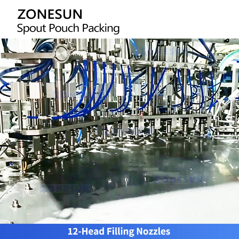 Mass Production: ZONESUN ZS-SPFC7 12-Head Rotary Automatic Spout Pouch Filling & Capping Machine