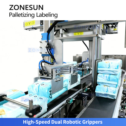 Dual-Lane Speed:ZONESUN ZS-TB70DM Automatic Wet Wipes Stacking, Bundling & Double-Side Labeling Line