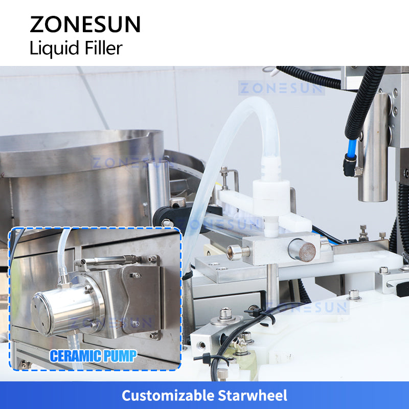 ZONESUN ZS-AFC7-1 Monoblock Desktop Compact  Automatic Eye Drop Bottle Filling Capping Machine Ceramic Pump Liquid Filler for Small Bottles