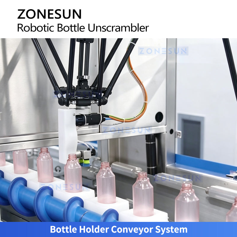 ZONESUN ZS-LPR40 Automatic Robotic Bottle Unscrambler with Vision Detection and Recirculating Feeding System