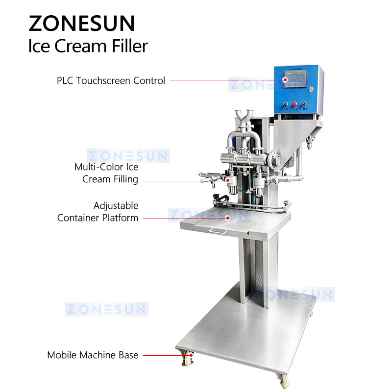 ZONESUN ZS-ICF01 Semi-Automatic Dual-Color Ice Cream Filling Machine into Cups, Cartons, Tubs