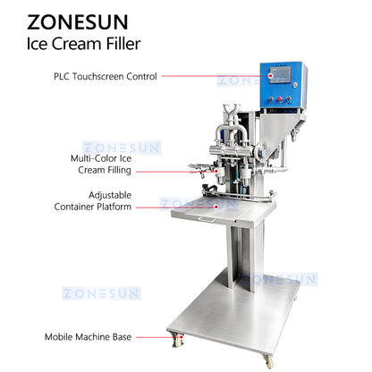 ZONESUN ZS-ICF01 Semi-Automatic Dual-Color Ice Cream Filling Machine into Cups, Cartons, Tubs