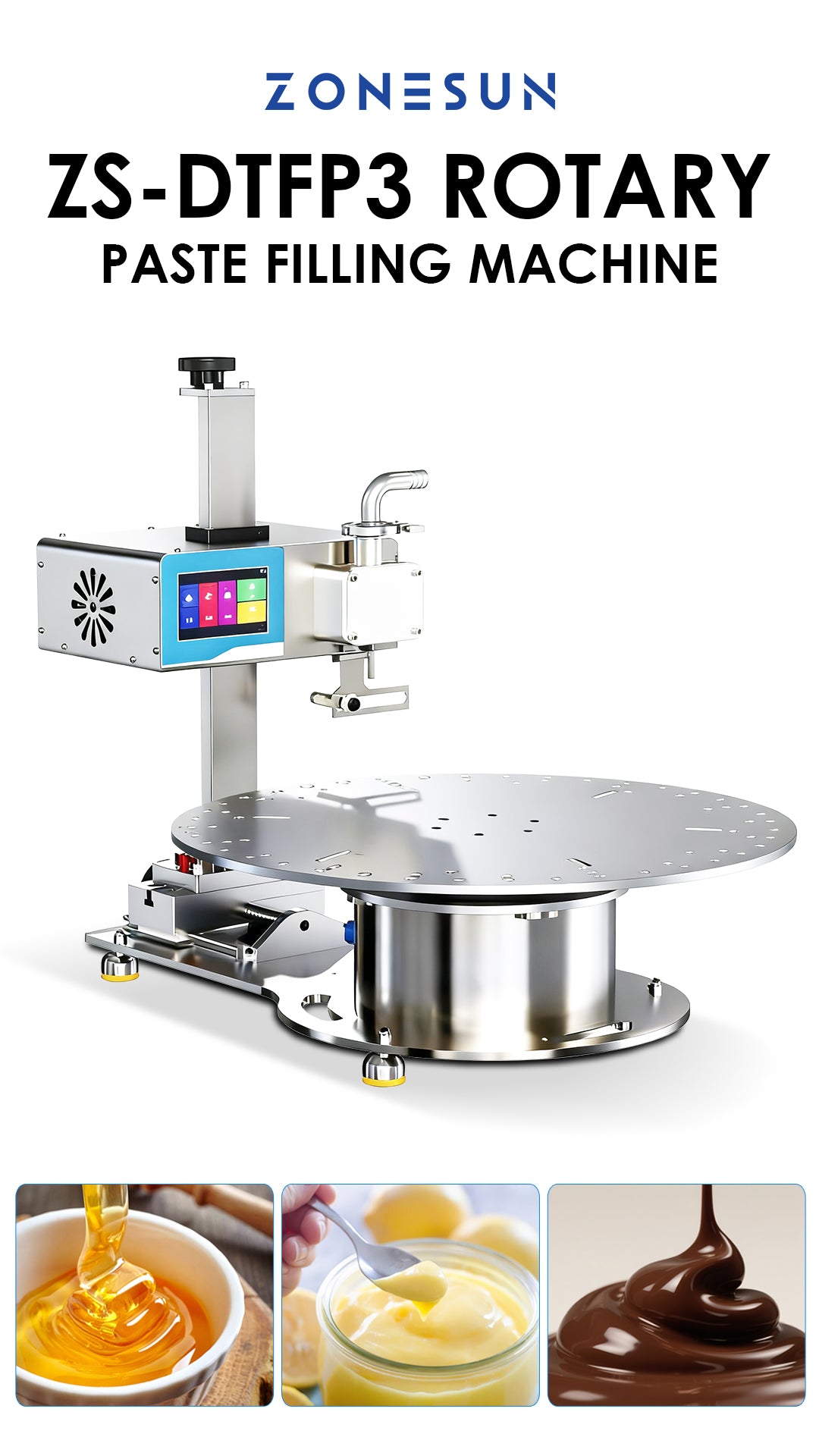 ZONESUN ZS-DTFP3 Semi-Automatic Rotary Filling Paste Machine for Honey, Sauce, and Cream Packaging