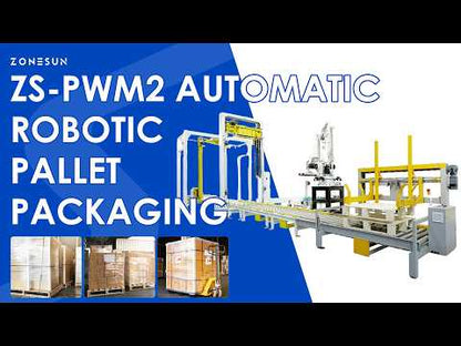 Max Efficiency: ZONESUN ZS-PWM2 Robotic Palletizing, Strapping & Rotary Arm Wrapping Production Line