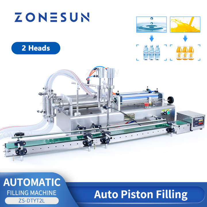 ZONESUN ZS-DTYT2L Pneumatic 2 Nozzles Piston Liquid Filling Machine With Conveyor Belt