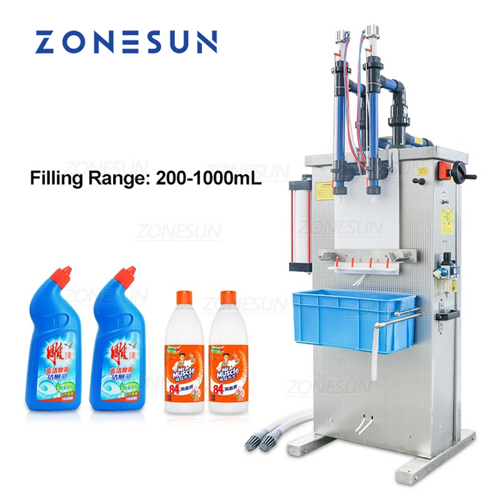 ZONESUN Fully Pneumatic Semi-automatic 2 Nozzles Corrosive Liquid Filling Machine