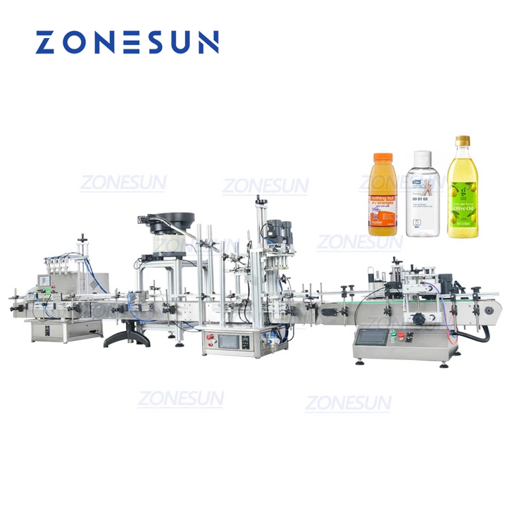 Zonesun ZS-FAL180C10 4 Nozzles Liquid Filling Capping Round Bottle Labeling Machine With Cap Feeder