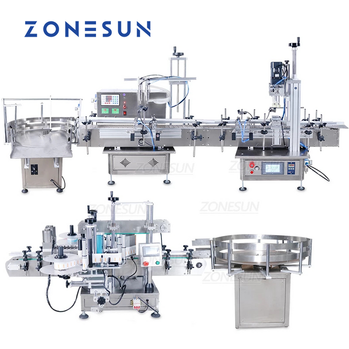 ZONESUN Small Automatic Pneumatic Filling Capping And Flat Labeling Machine With Bottle Unscrambler