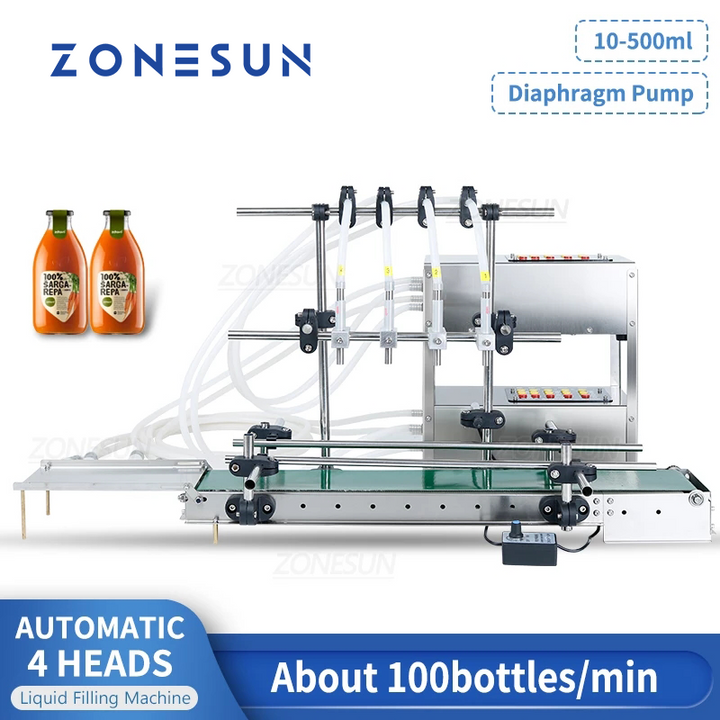 ZONESUN ZS-DTDP4G 4 Nozzles Diaphragm Pump Small Liquid Bottle Filling Machine With Conveyor