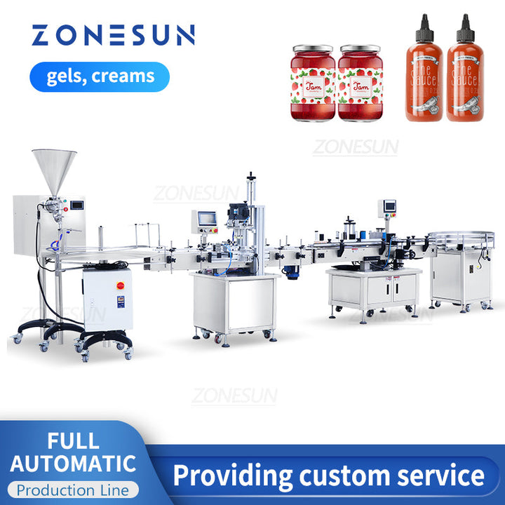 ZONESUN Full Automatic Paste Filling Screw Capping Round Bottle Labeling Machine with Unscrabler Production Line