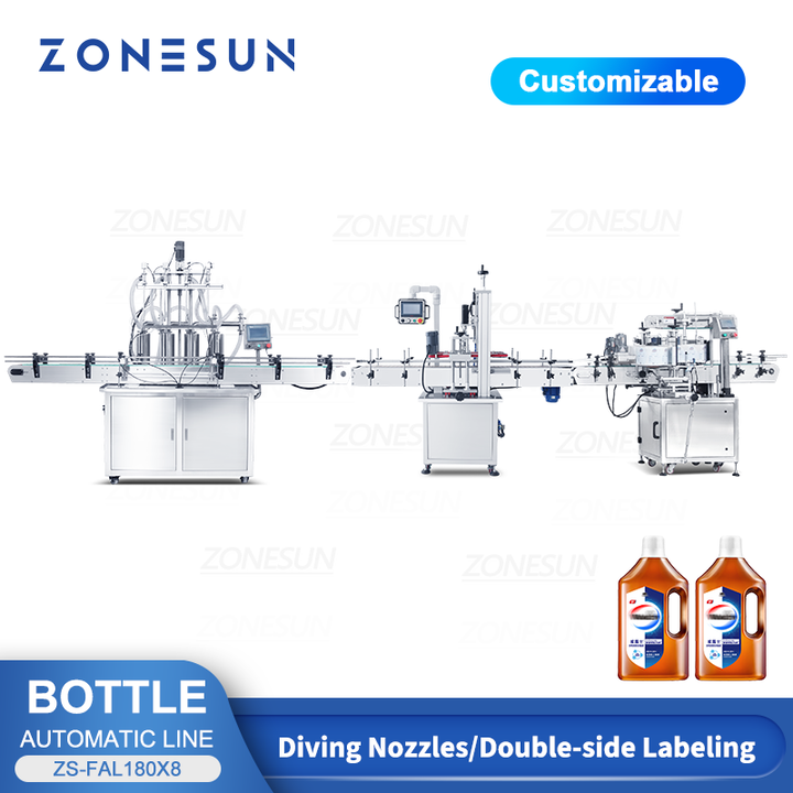 ZONESUN ZS-FAL180X8 4 Heads Piston Pump Filling Capping Square Bottle Double Sizes Labeling Machine