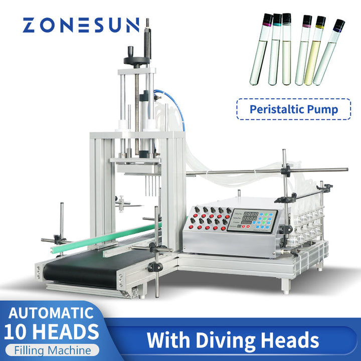 ZONESUN ZS-DTPP10D 10 Diving Nozzles Peristaltic Pump Small Glass Bottle Liquid Filling Machine