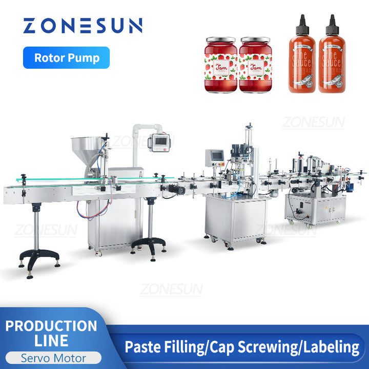 Zonesun ZS-RPCL1 Servo Motor Rotor Pump Paste Filling Screw Capping Round Bottle Labeling Production Line